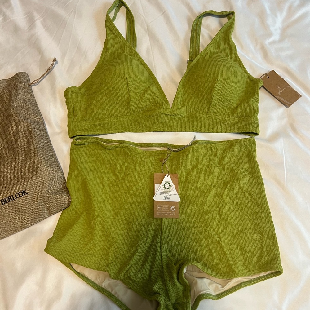 Green Ribbed V-Neck Bikini Top and High-Waist Shorts